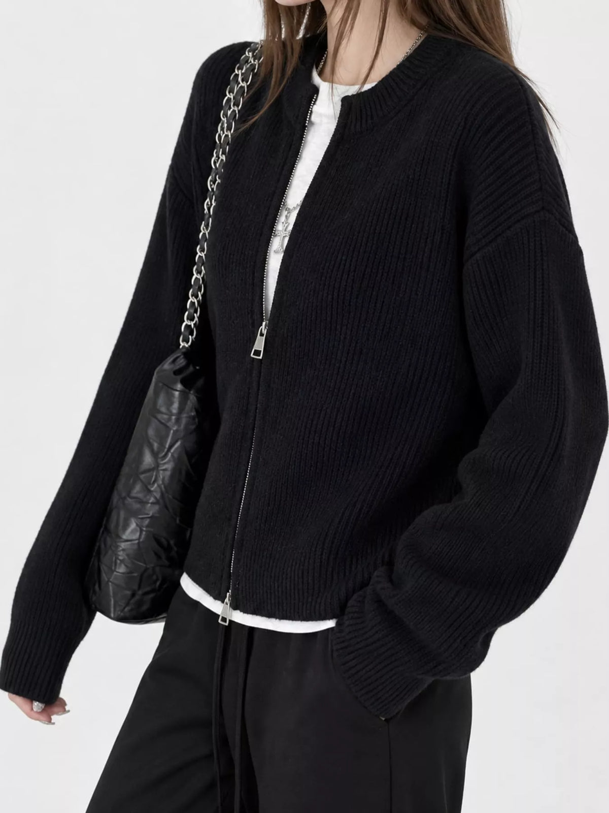 Zip-Up Dropped Shoulder Ribbed Cardigan