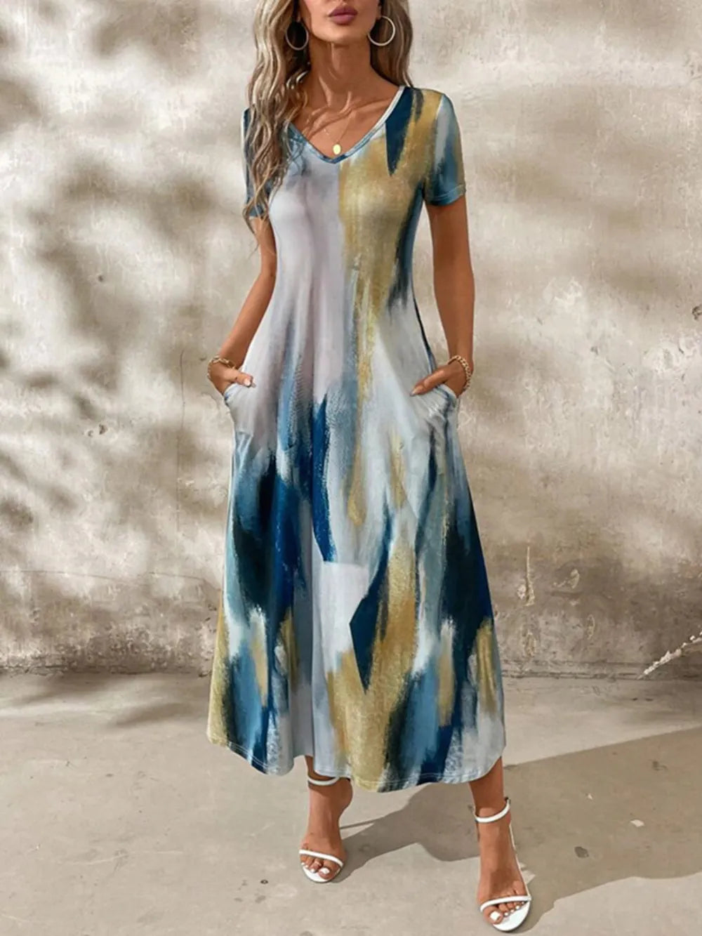 Tie-Dye V-Neck Pocketed Midi Tee Dress by Sara Roman