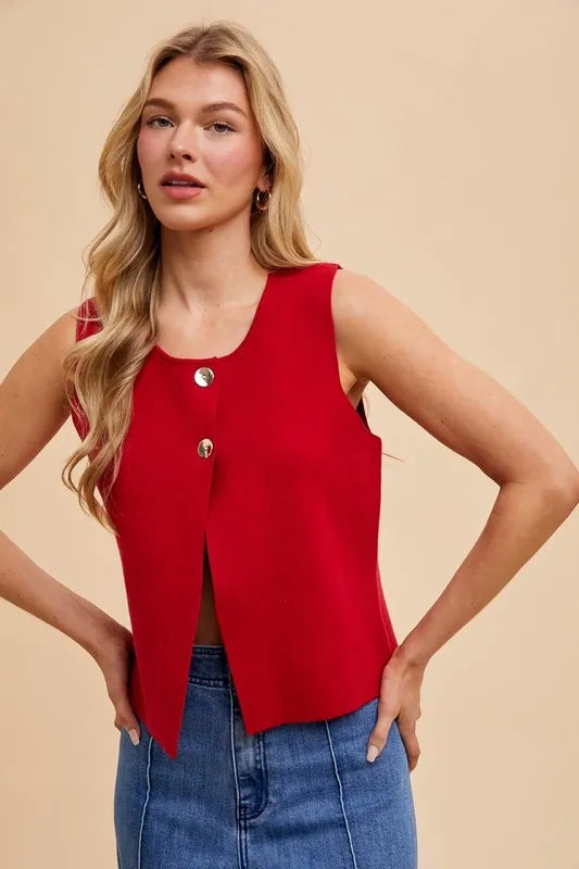Annie Wear Metal Button Crop Sweater Vest in Red