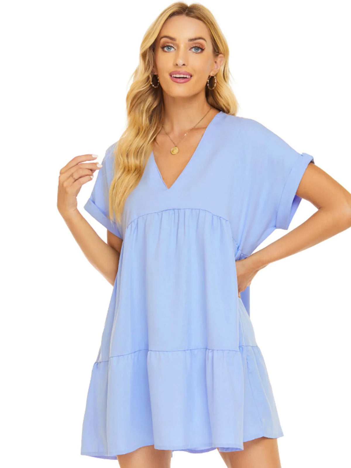 Oversized V-Neck Tiered Mini Dress by ArtisticExpression