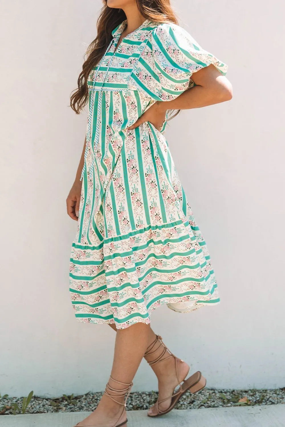Striped Floral Tie-Neck Puff Sleeve Midi Dress in Sage