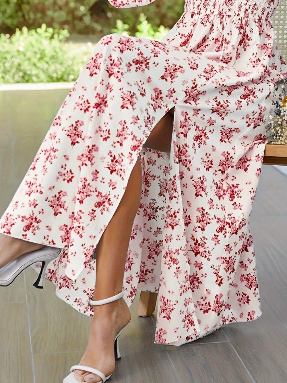 Smocked Floral Square Neck Midi Dress