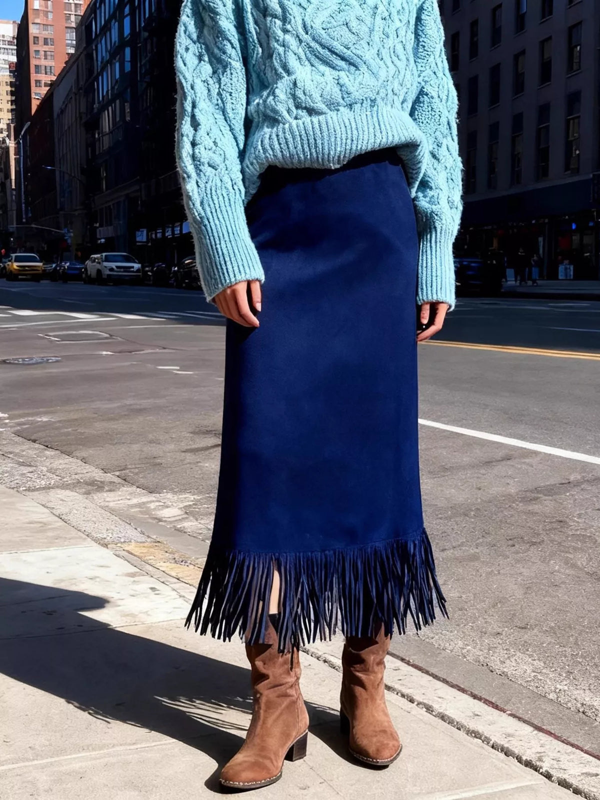 High-Waisted Suede Fringe Midi Skirt