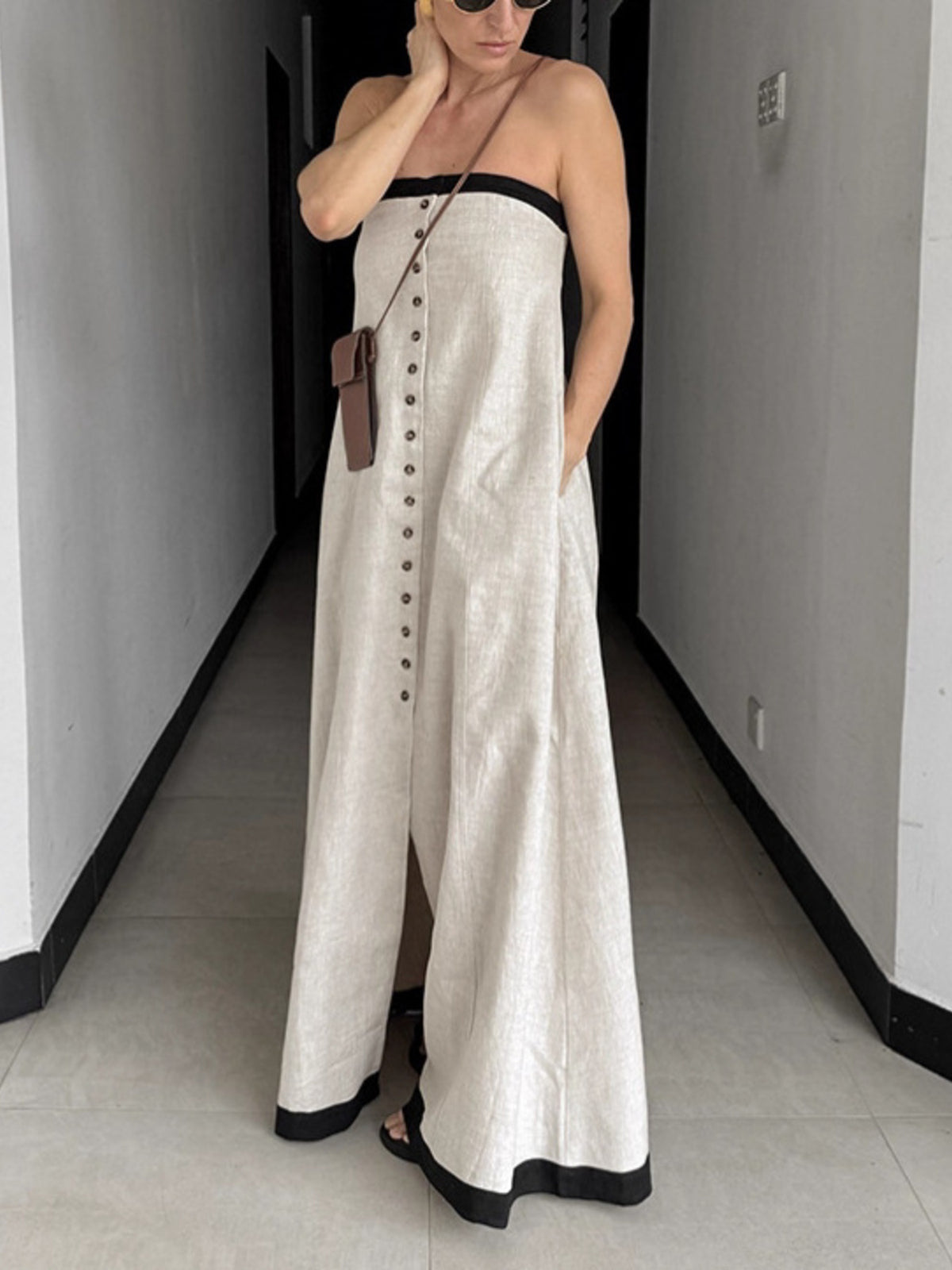 Contrast Trim Button-Front Maxi Dress in Beige