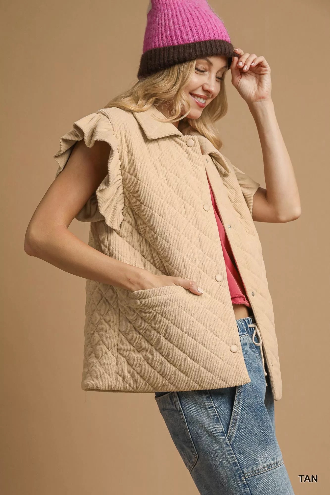 Umgee Corduroy Ruffle Sleeve Vest in Tan