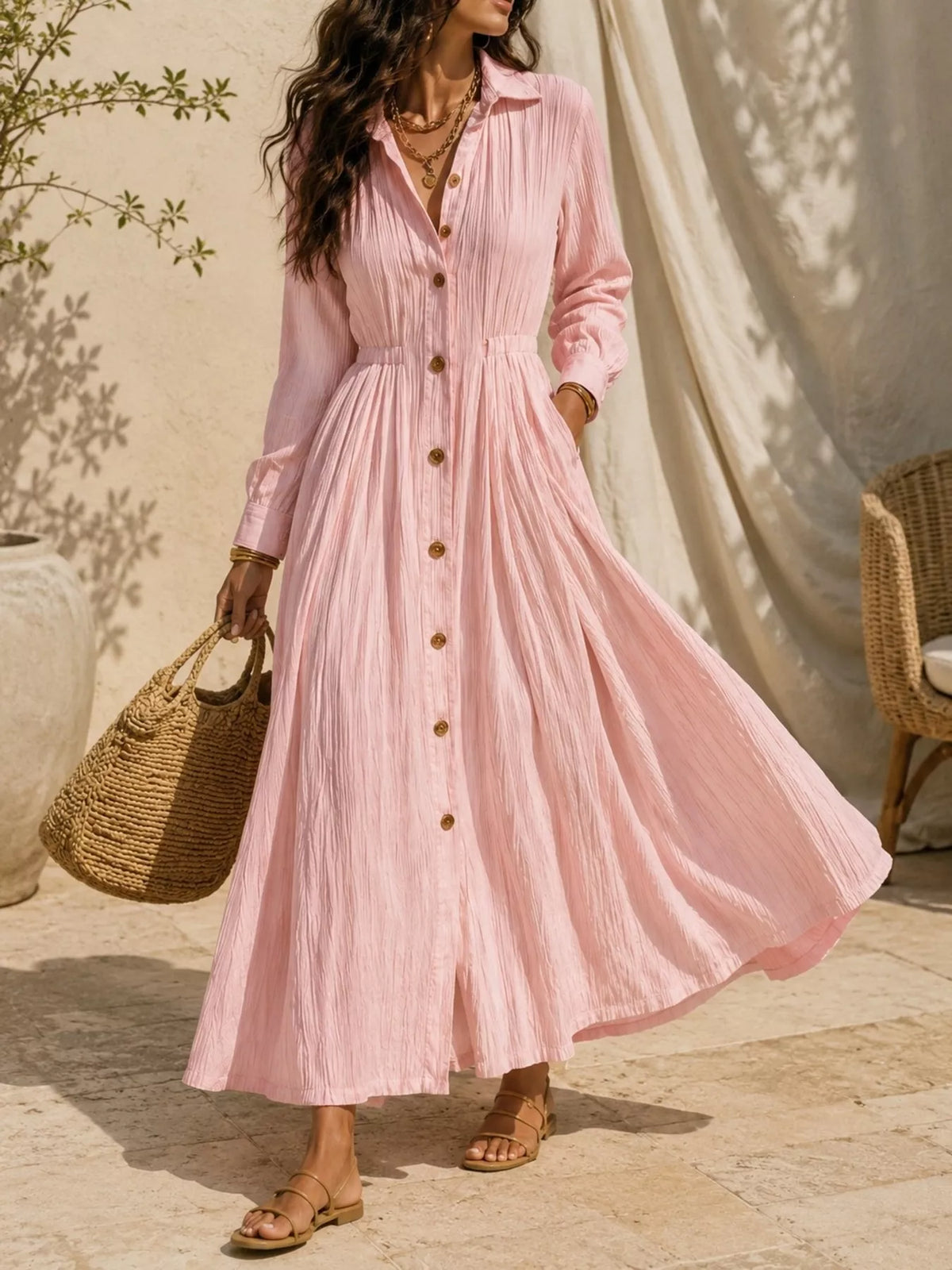 Textured Button Front Long Sleeve Maxi Dress