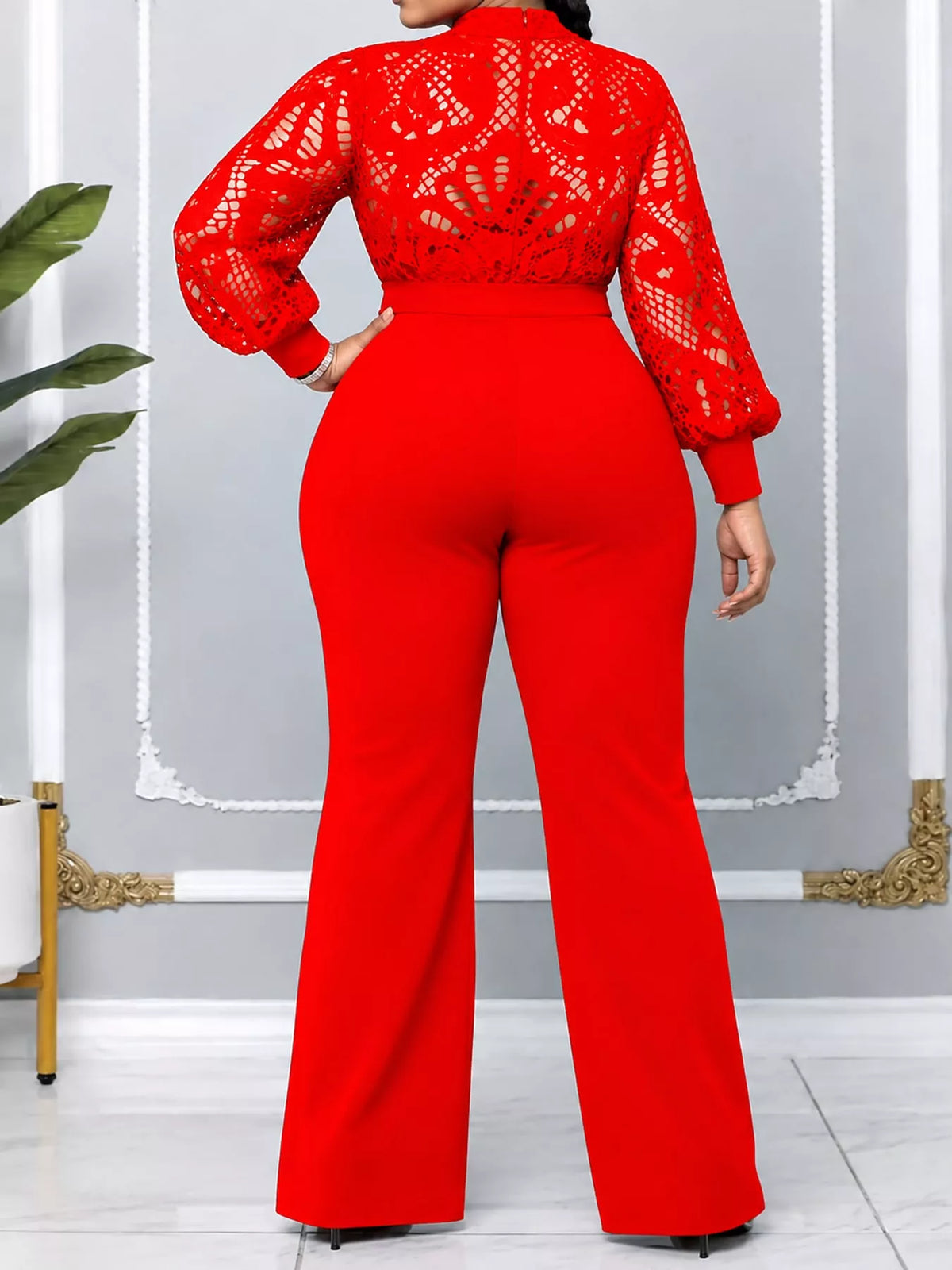 Lace Lantern Sleeve Flare Jumpsuit