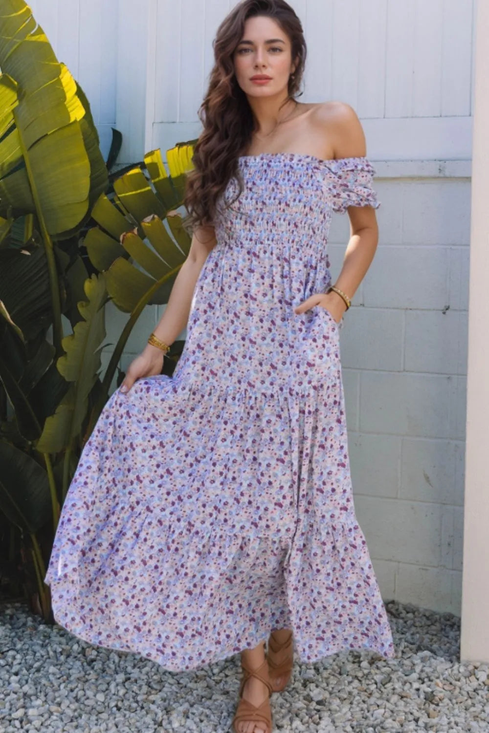 Smocked Tiered Floral Maxi Dress in Lavender