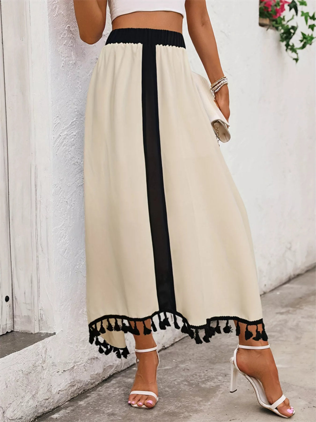 High-Waist Tassel Trim Skirt in Cream