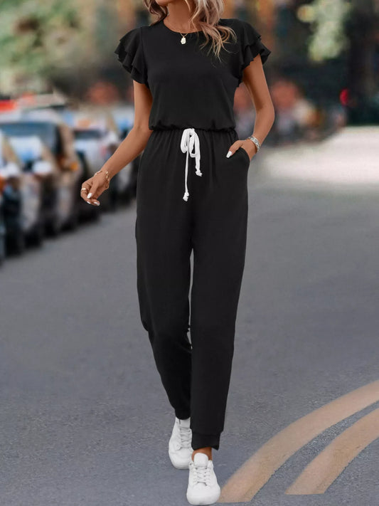 Ruffle Sleeve Drawstring Waist Jumpsuit in Black