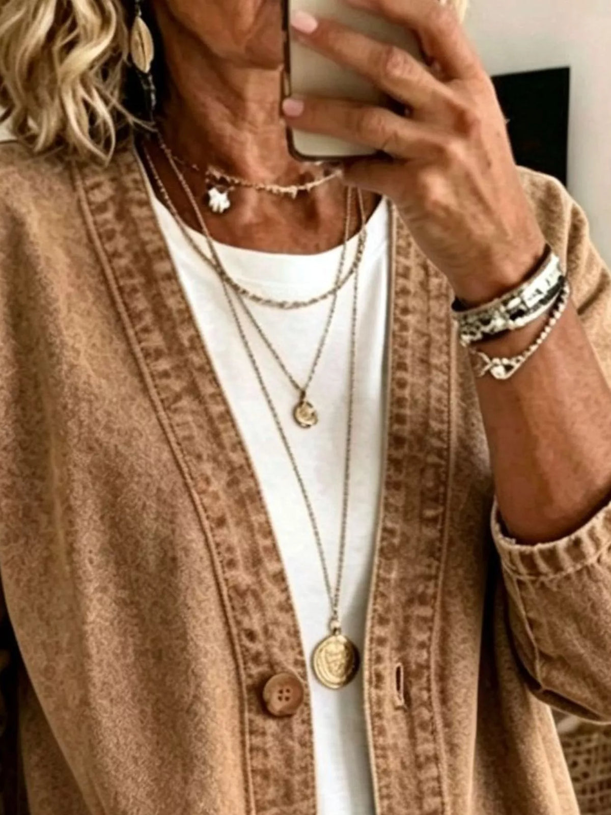 V-Neck Button-Down Denim Jacket by Invera