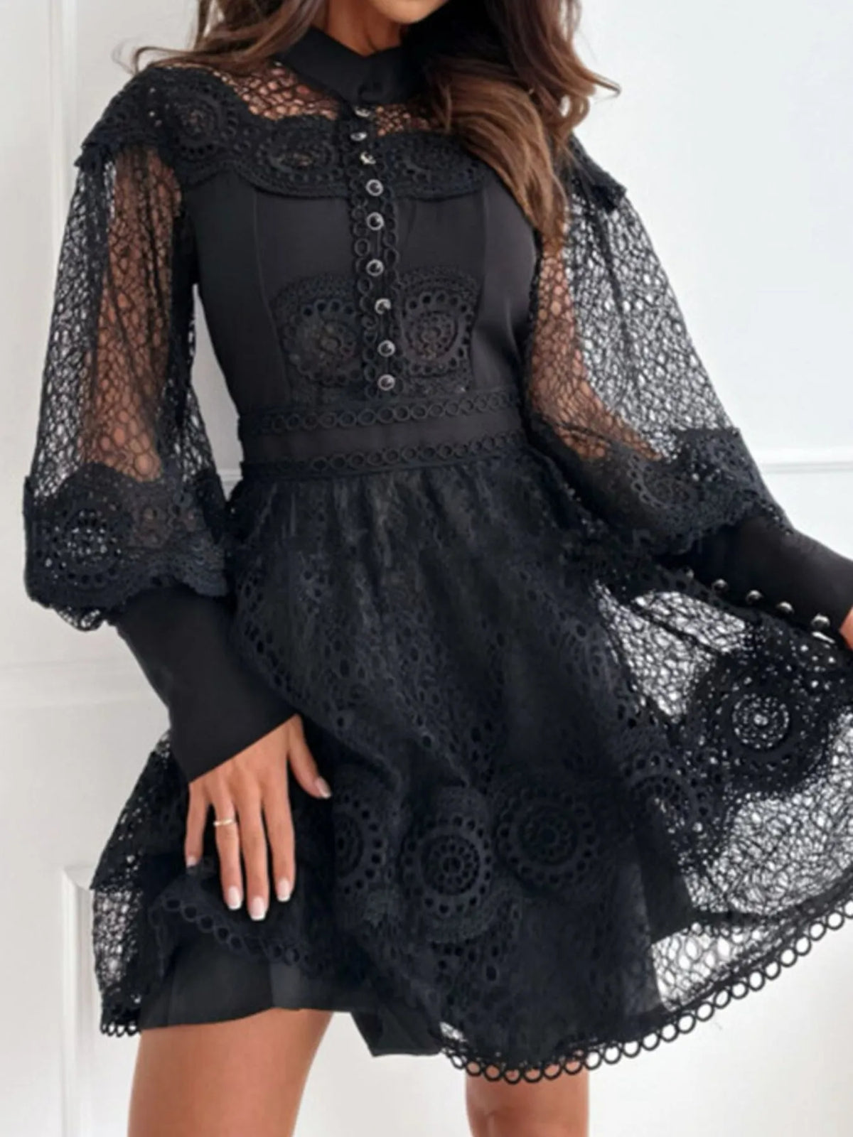 Lace Lantern Sleeve Mini Dress