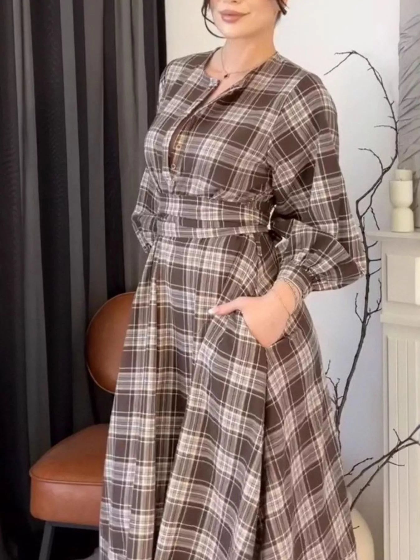 Plaid Puff Sleeve Midi Dress
