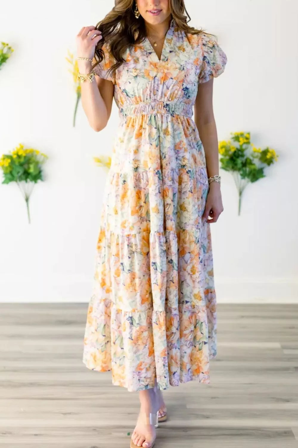 Smocked Tiered Maxi Dress in Floral