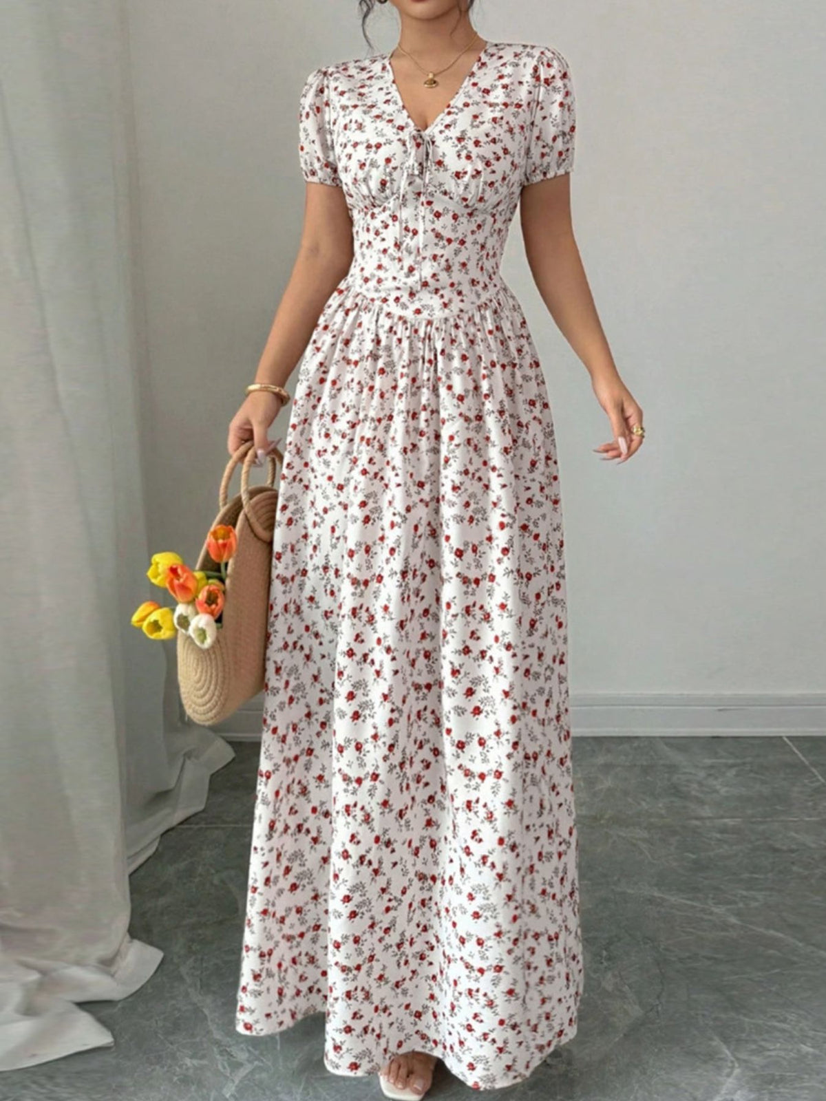 Floral Print V-Neck Maxi Dress in Pink