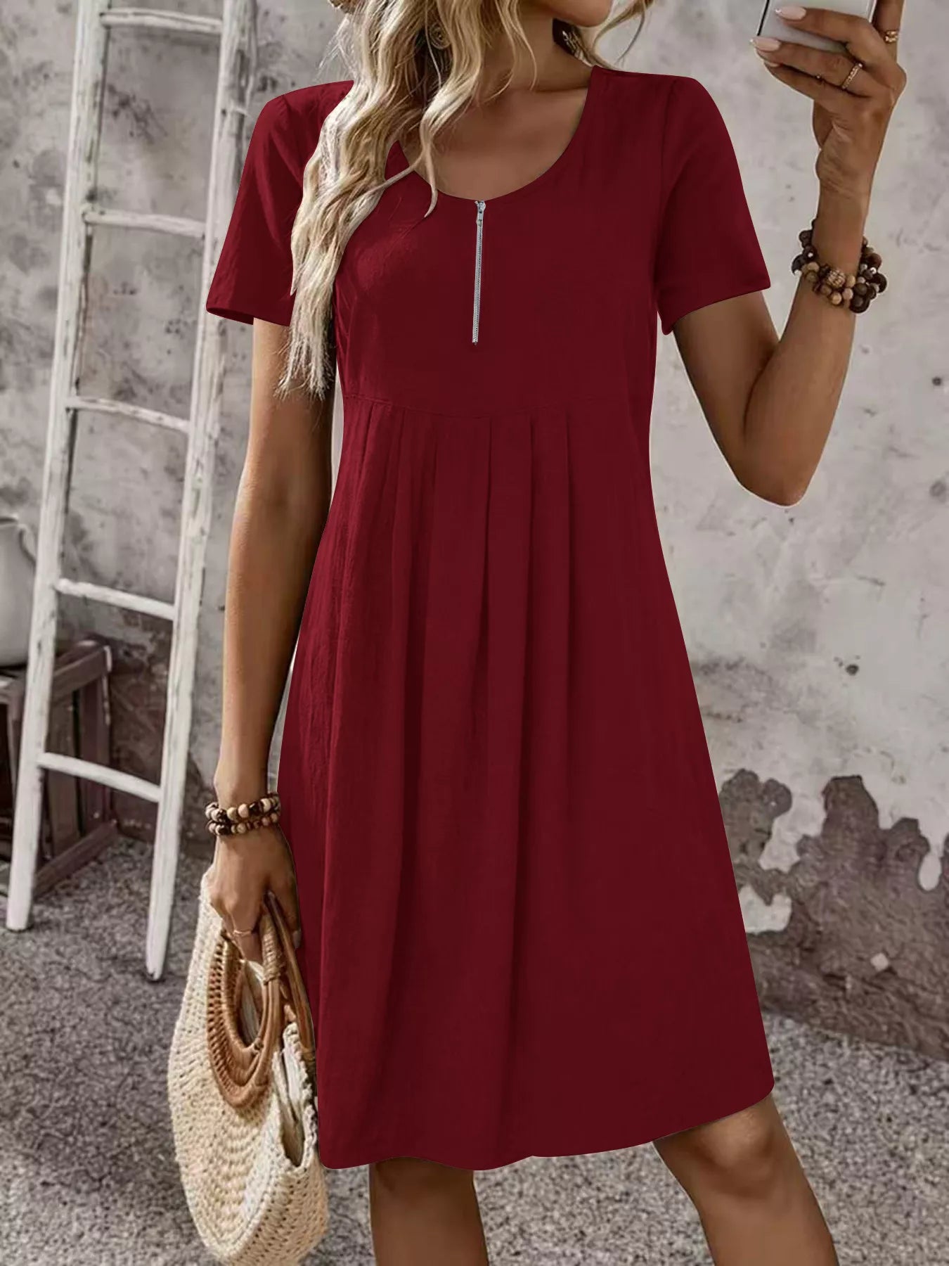 Zipper-Front Pleated A-Line Dress