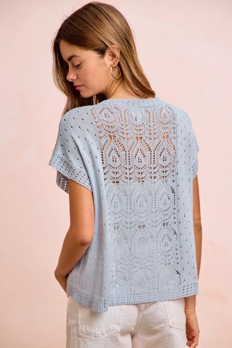 Washed Ice Blue Eyelet Knit Top by BiBi