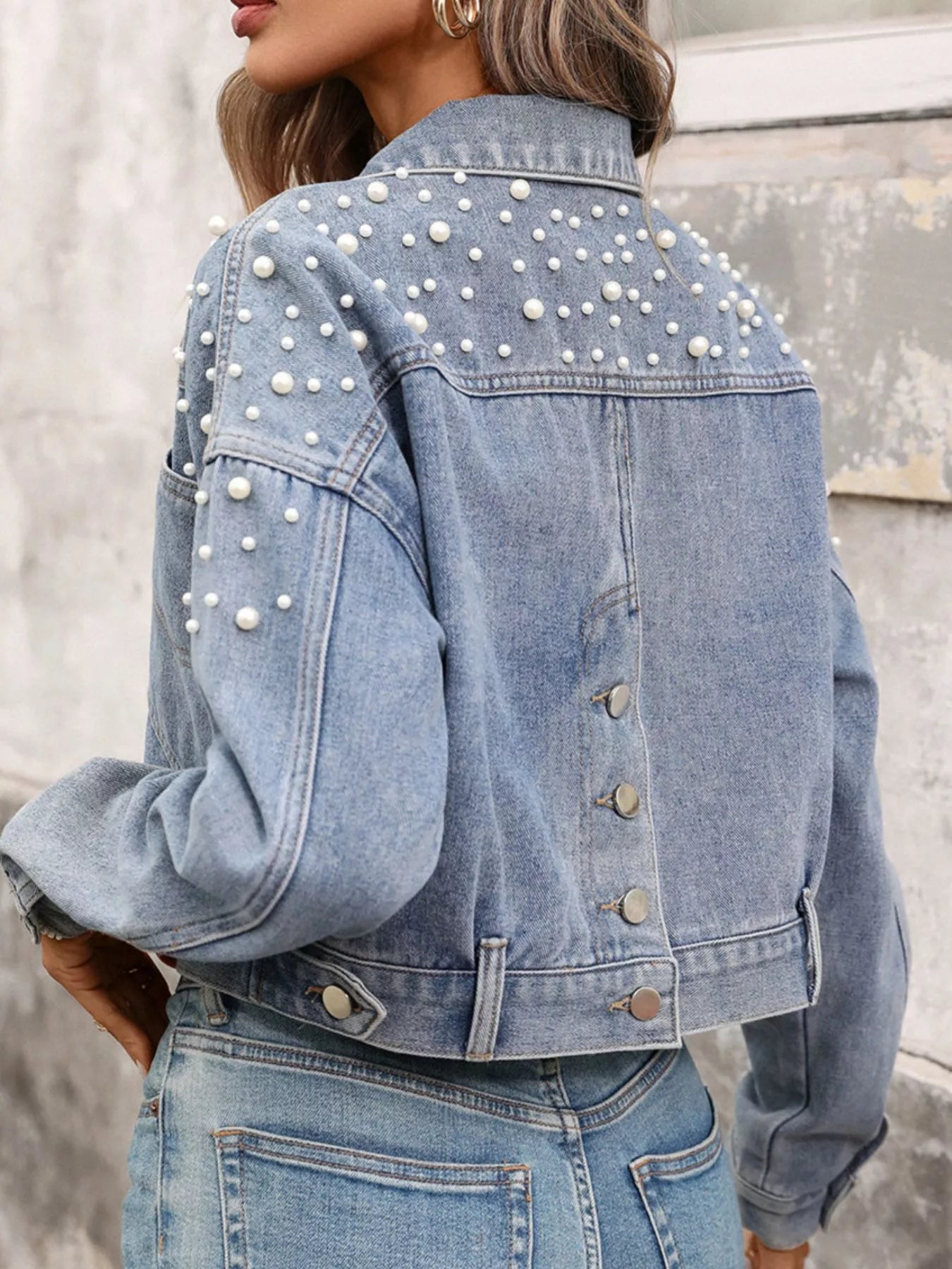 Pearl Embellished Cropped Denim Jacket by Moni Wear