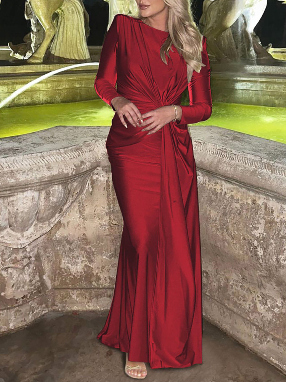 Ruched Knot-Front Long Sleeve Maxi Dress