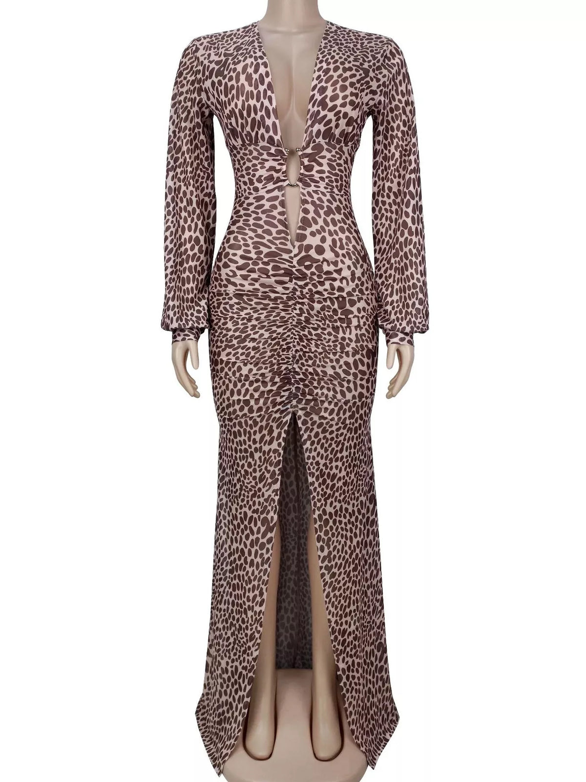 Leopard Print Sequin Long Sleeve Maxi Dress