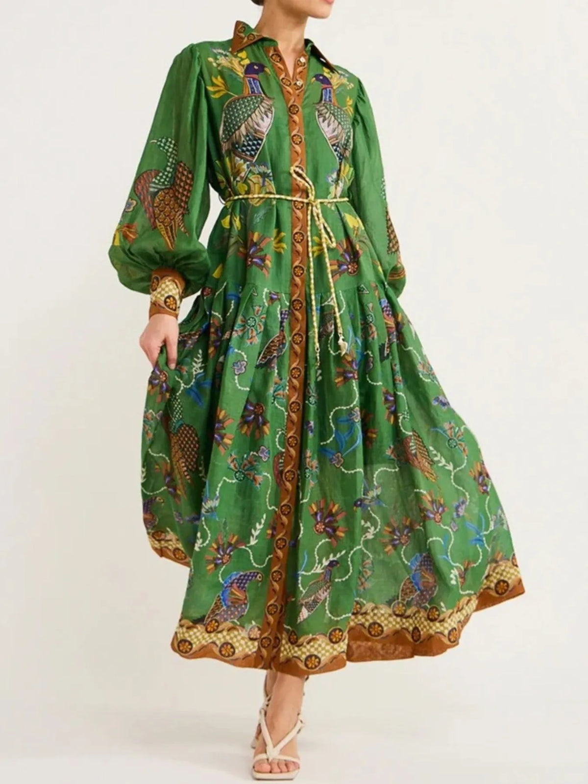 Printed Lantern Sleeve Shirt Dress in Green