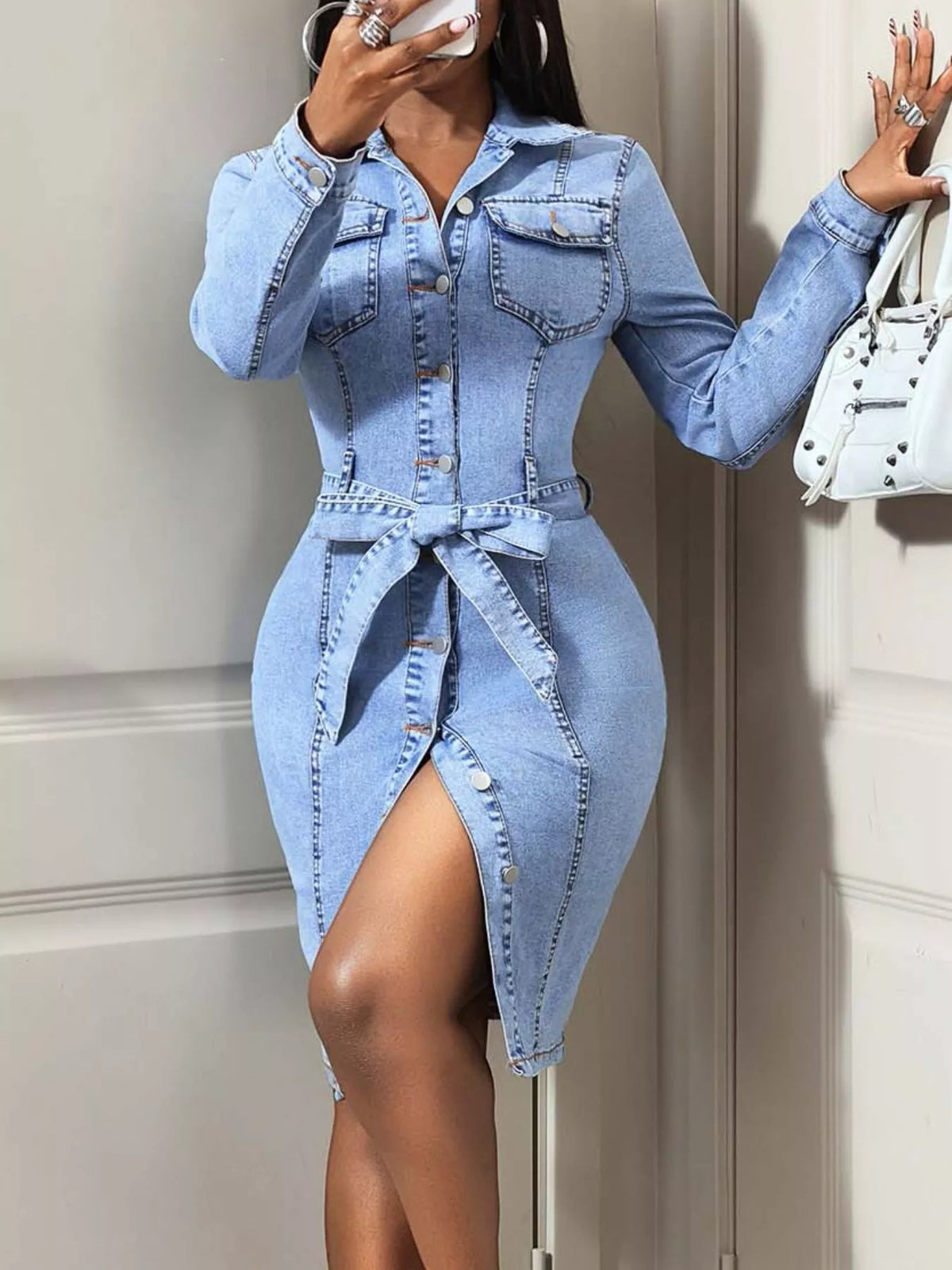 Button-Down Tie Waist Denim Dress in Blue