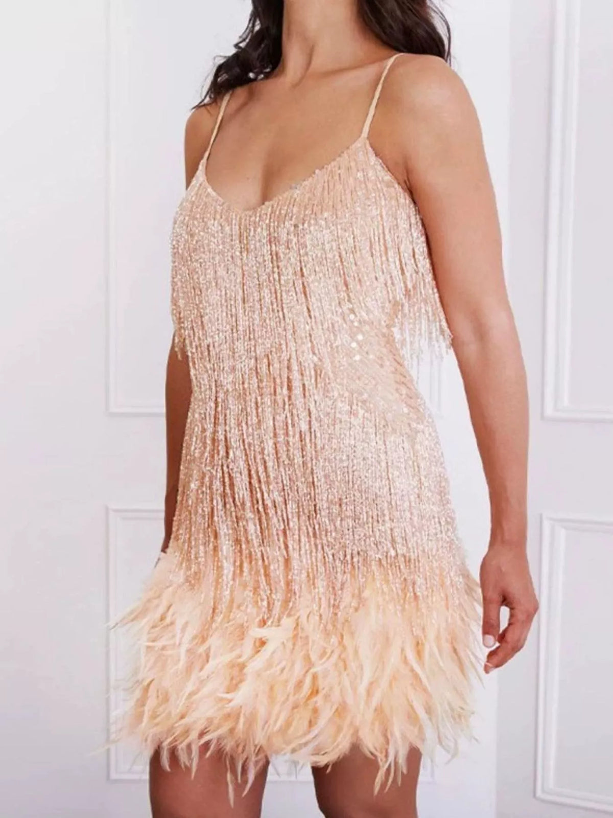 Sequin and Feather Fringe Mini Dress