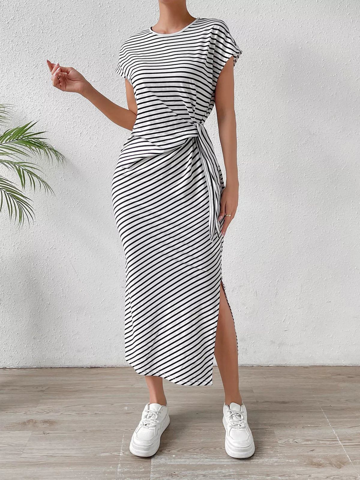 Striped Tie-Side Midi Dress