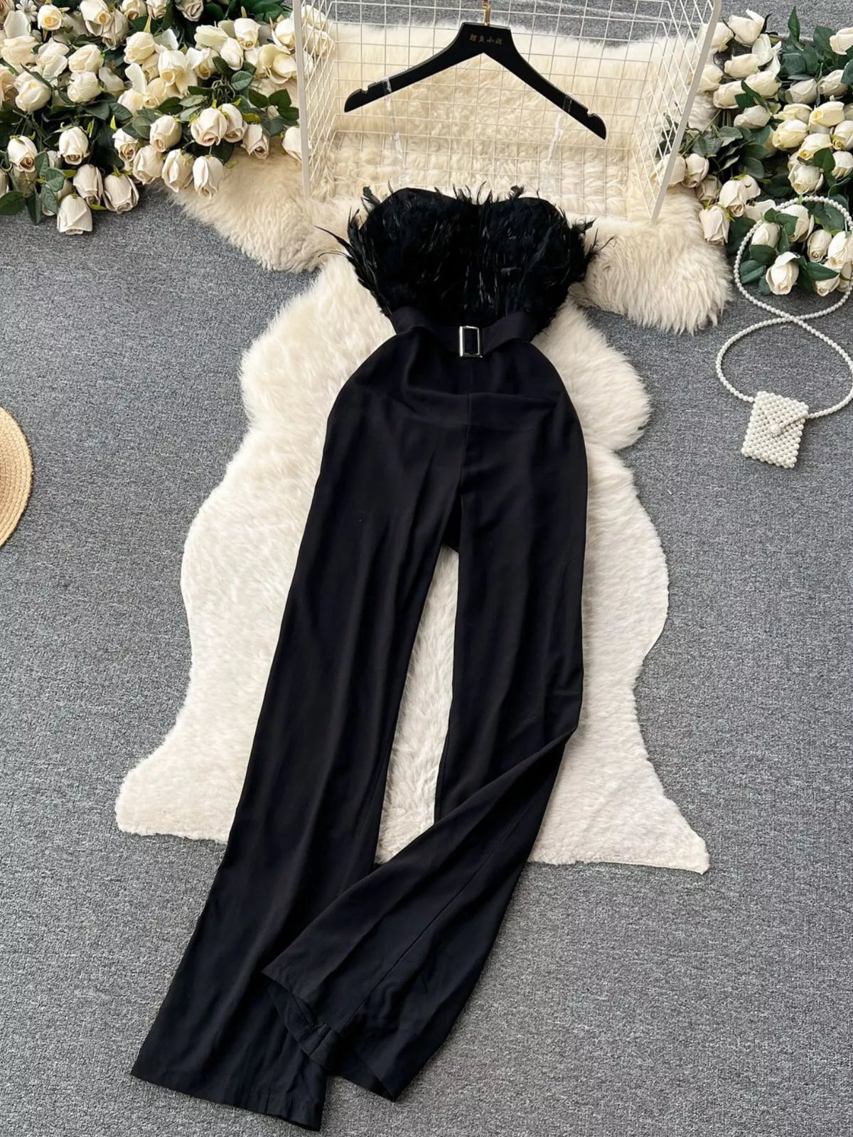 Feather-Trim Strapless Wide Leg Jumpsuit