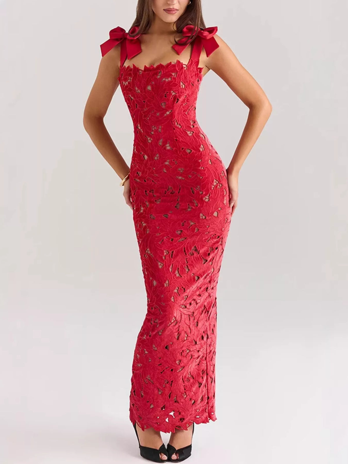 Tie Shoulder Lace Cutout Maxi Dress