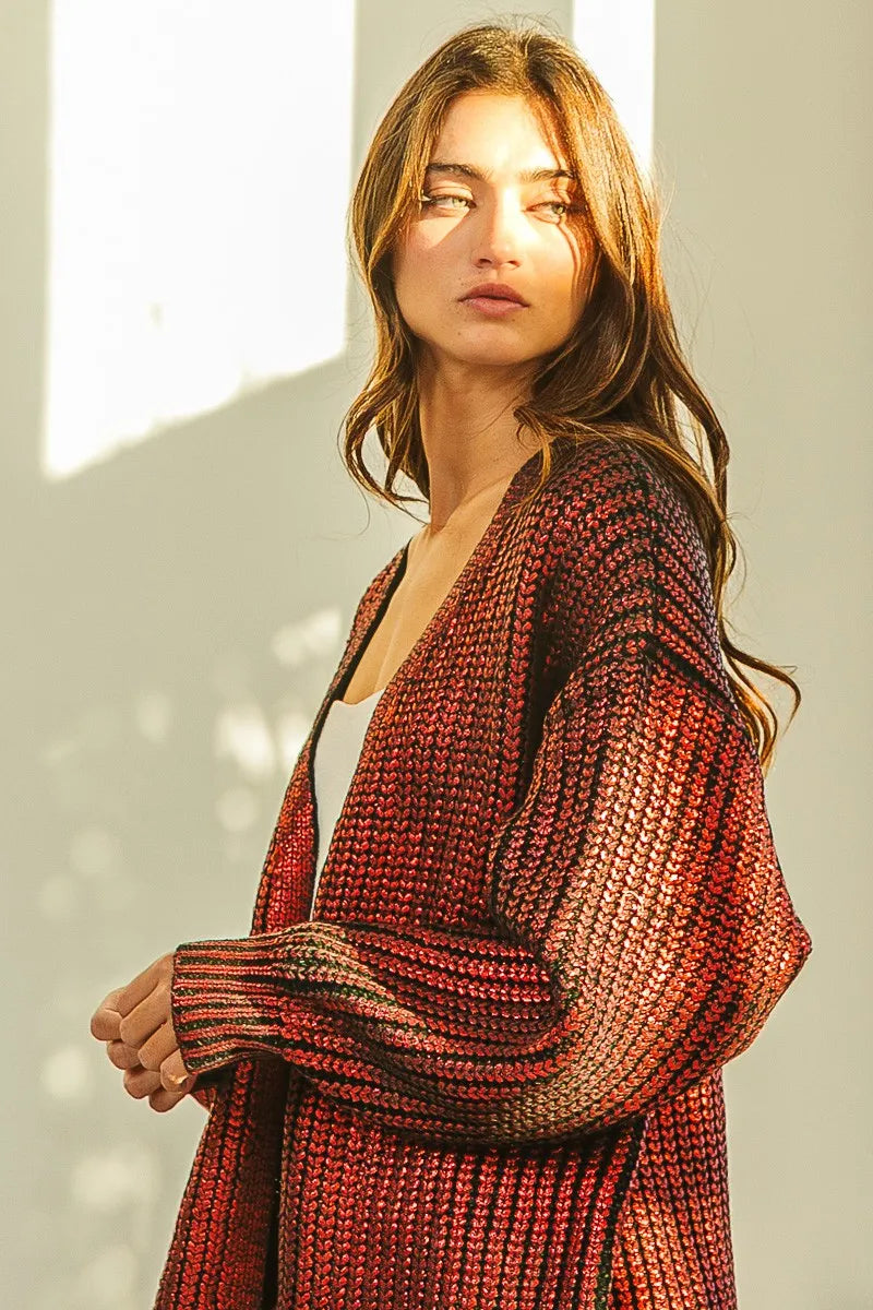 Metallic Open Front V-Neck Cardigan in Burnt Orange by BiBi