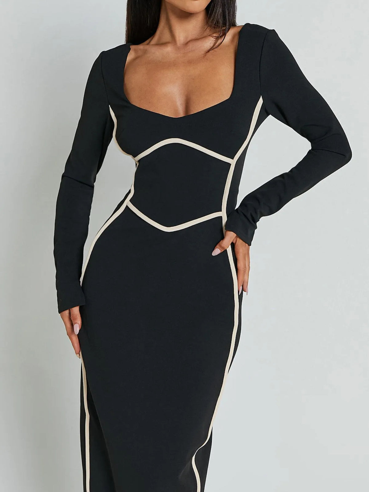 Contrast Trim Bodycon Maxi Dress in Black