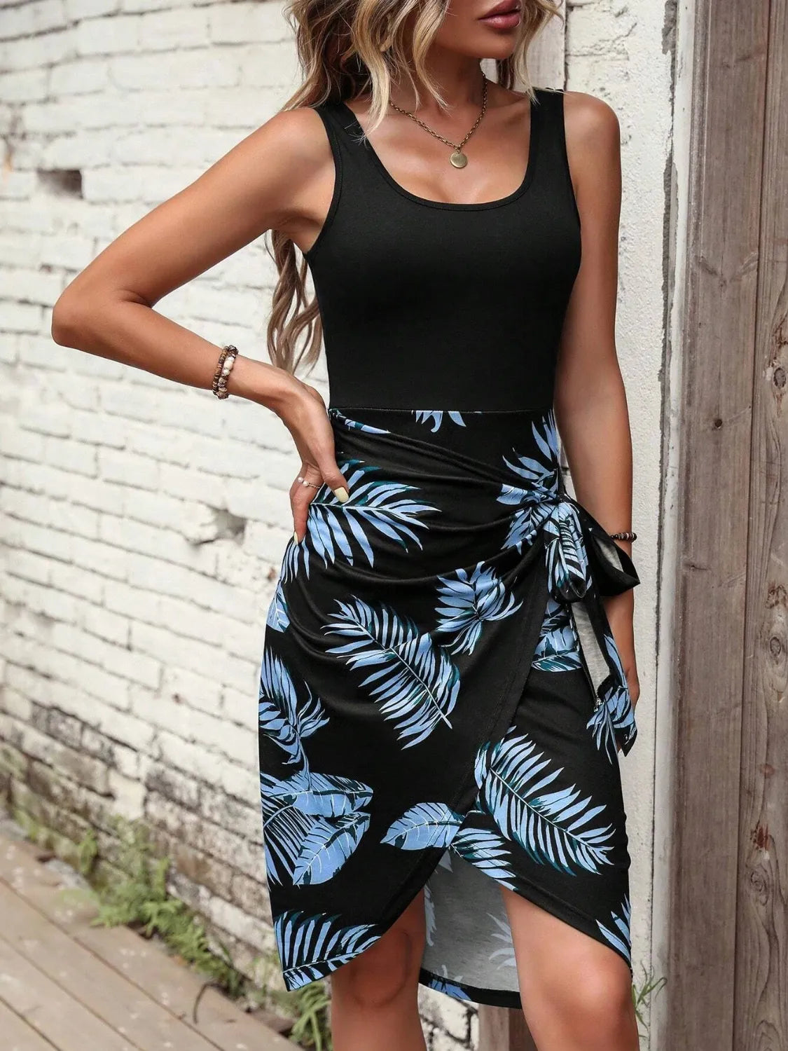 Printed Wide Strap Tied Tank Dress