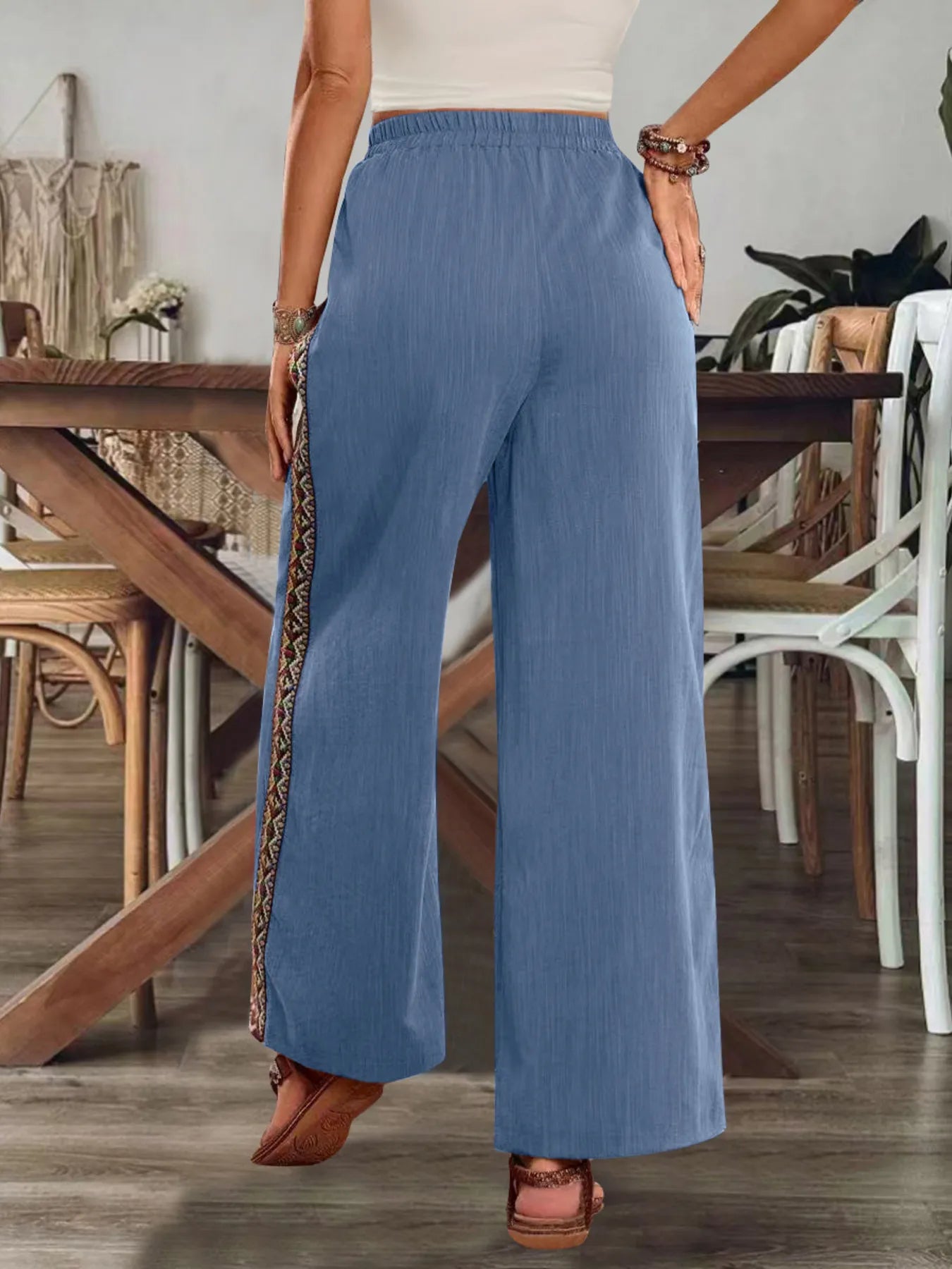 Embroidered Side-Stripe Wide-Leg Pants