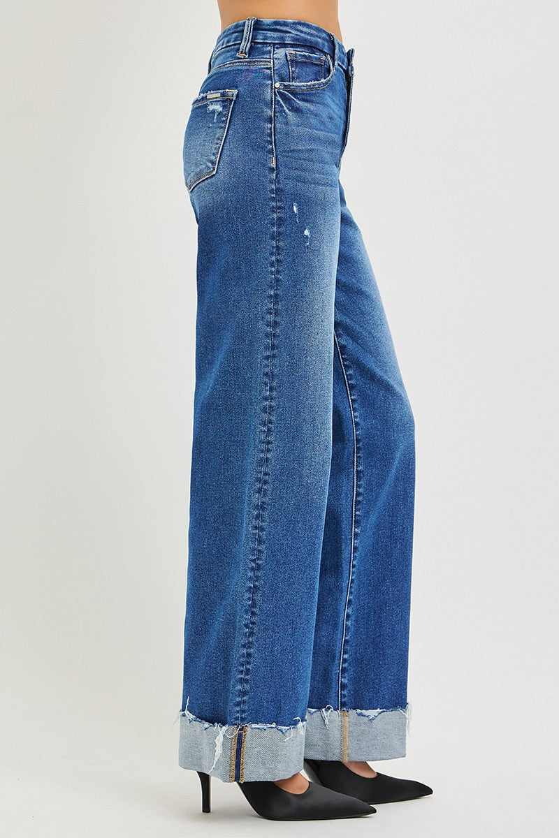 Risen High Rise Wide Leg Cuffed Jeans in Medium Wash