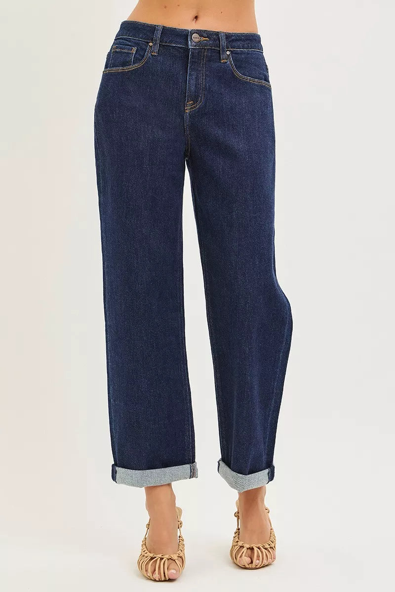 Risen Slouchy Cropped Boyfriend Jeans in Solid Dark