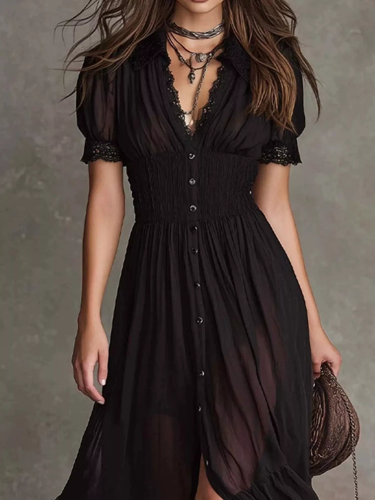 Button-Down Lace Trim Midi Dress in Black