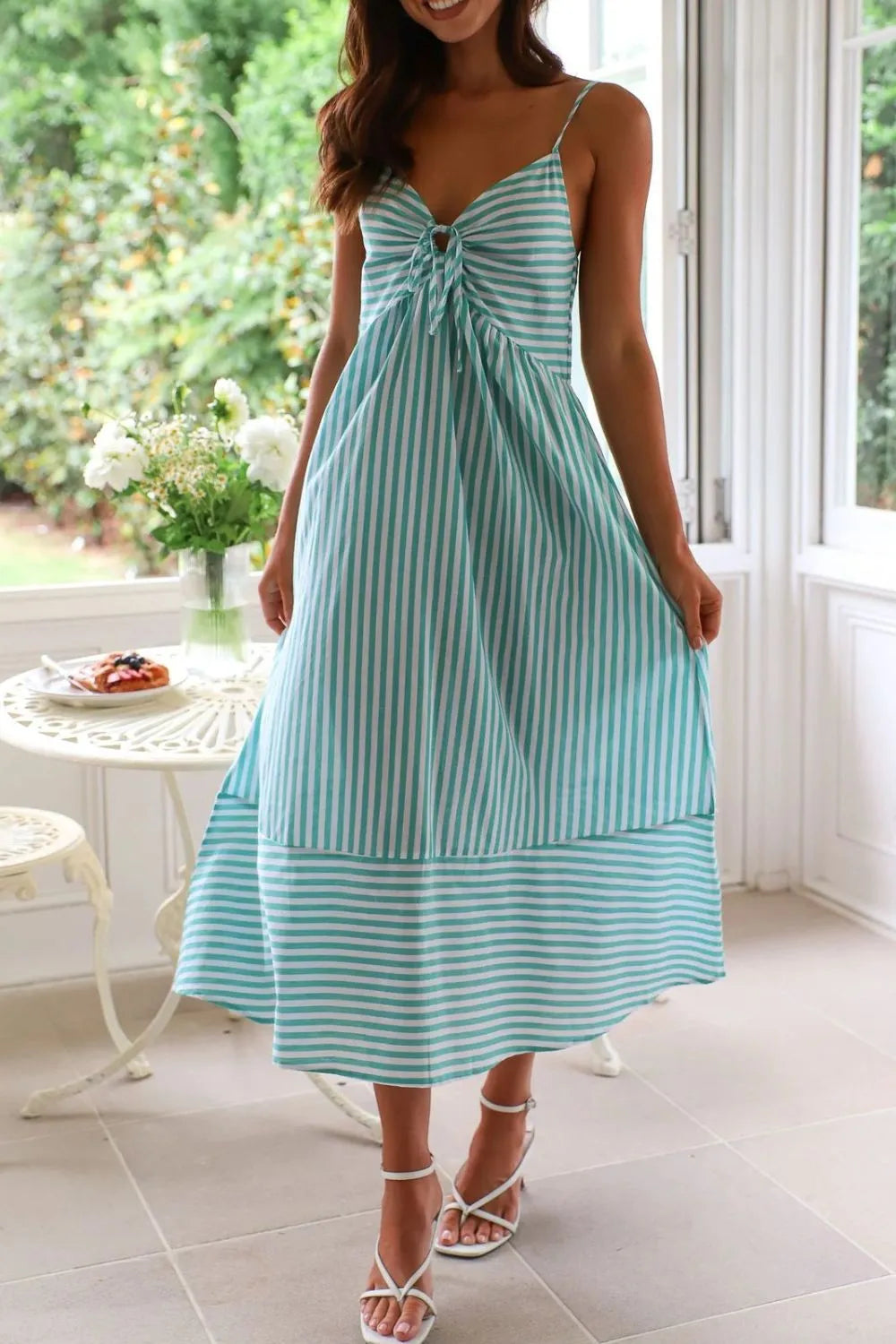 Striped Smocked-Back Midi Dress