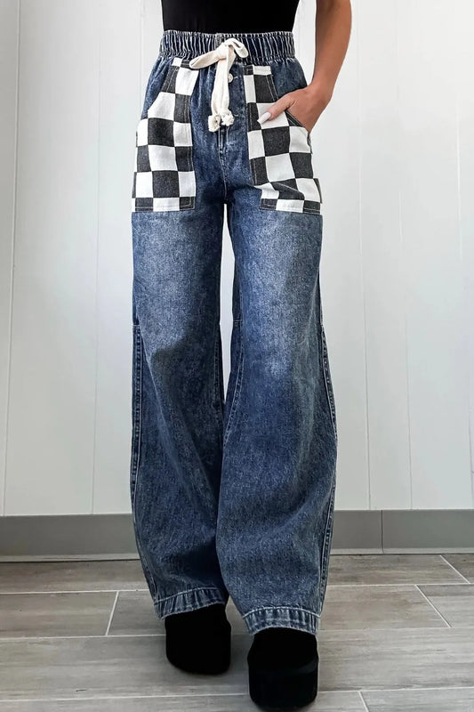 Checkered Wide Leg Jeans in Medium Wash
