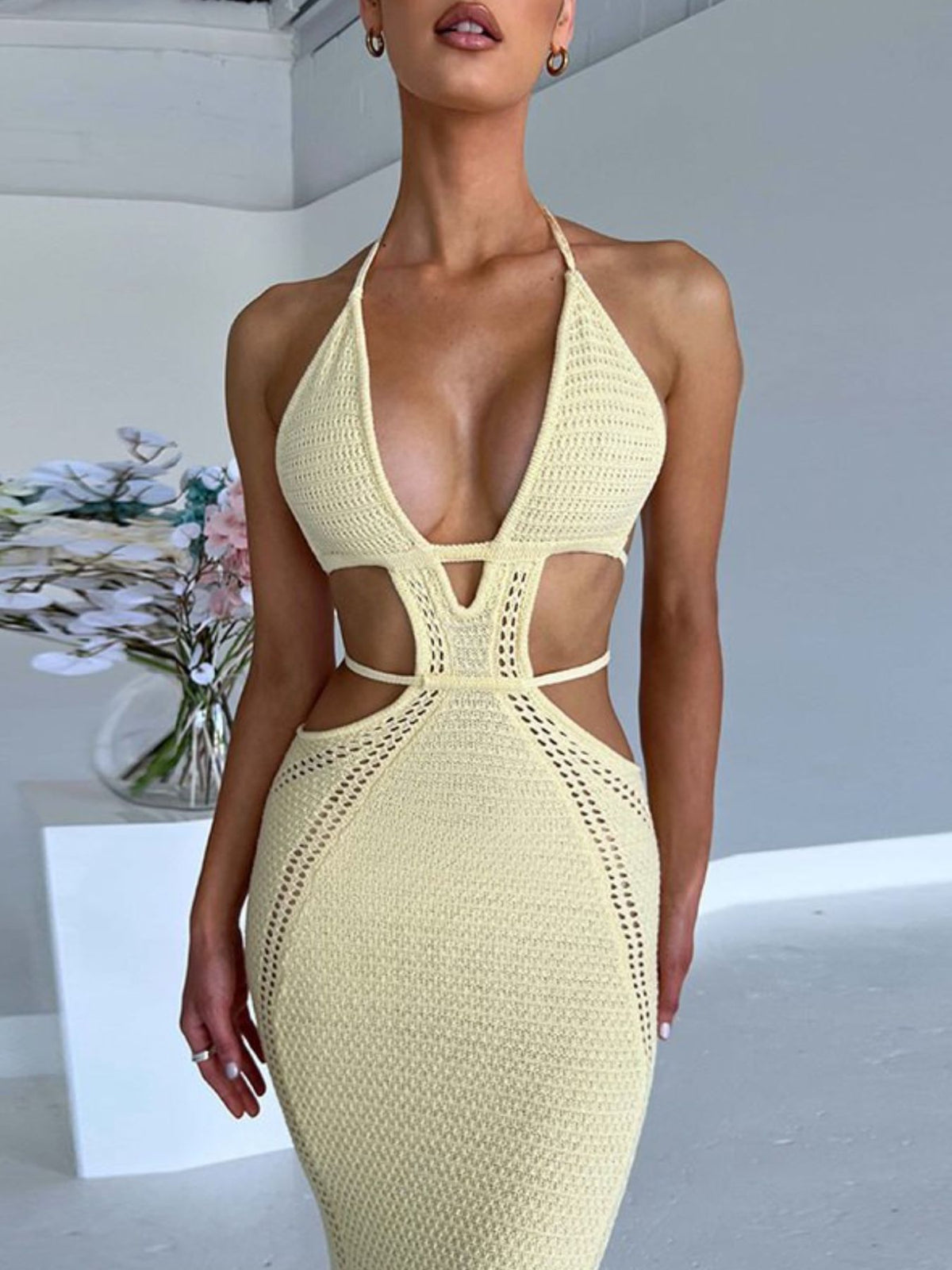 Halter Neck Cutout Knit Maxi Dress