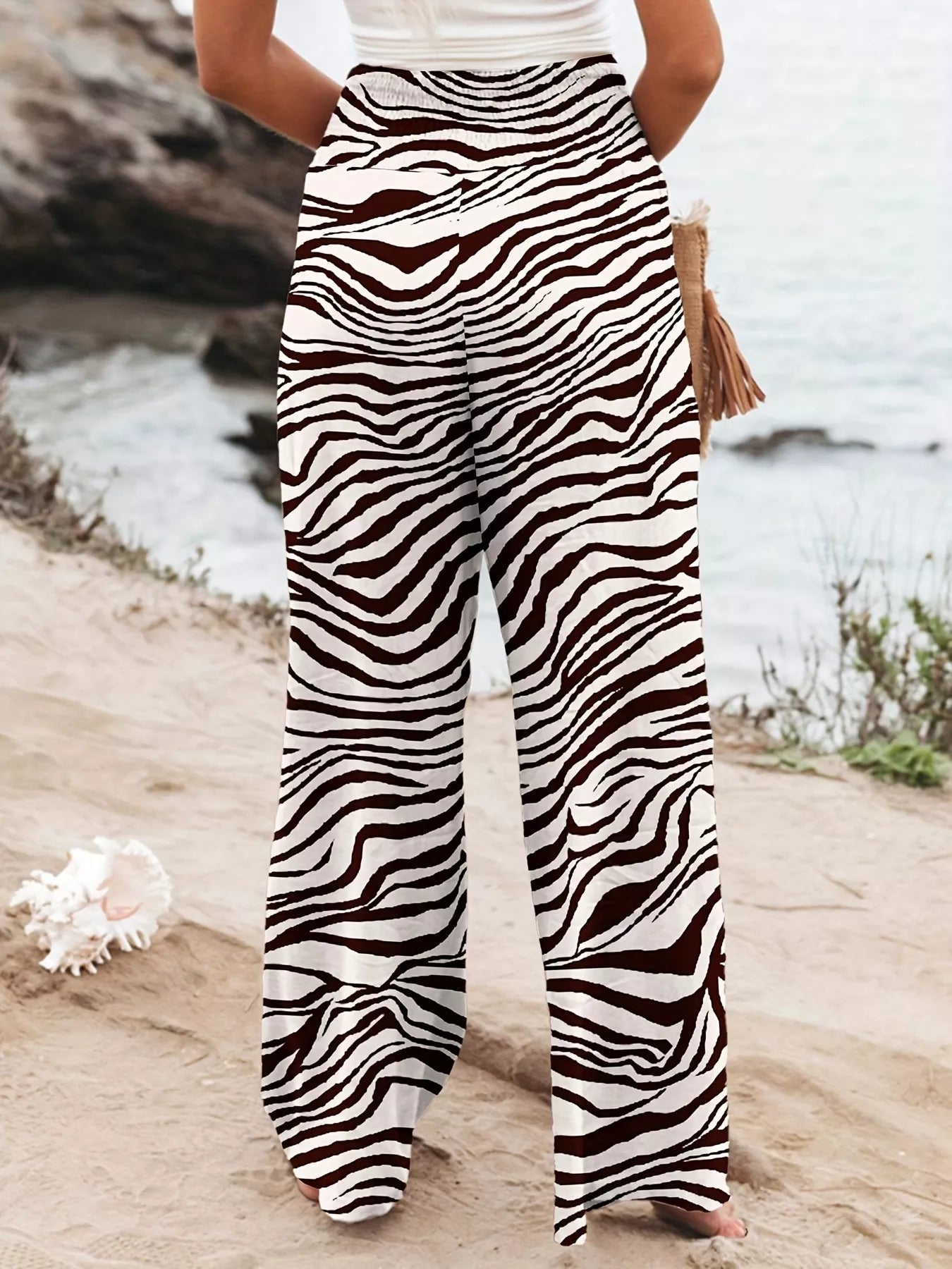 Zebra Print Wide Leg Pants in Black