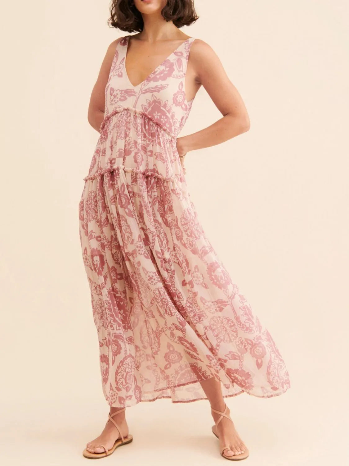 Printed V-Neck Dress with Frill Detail