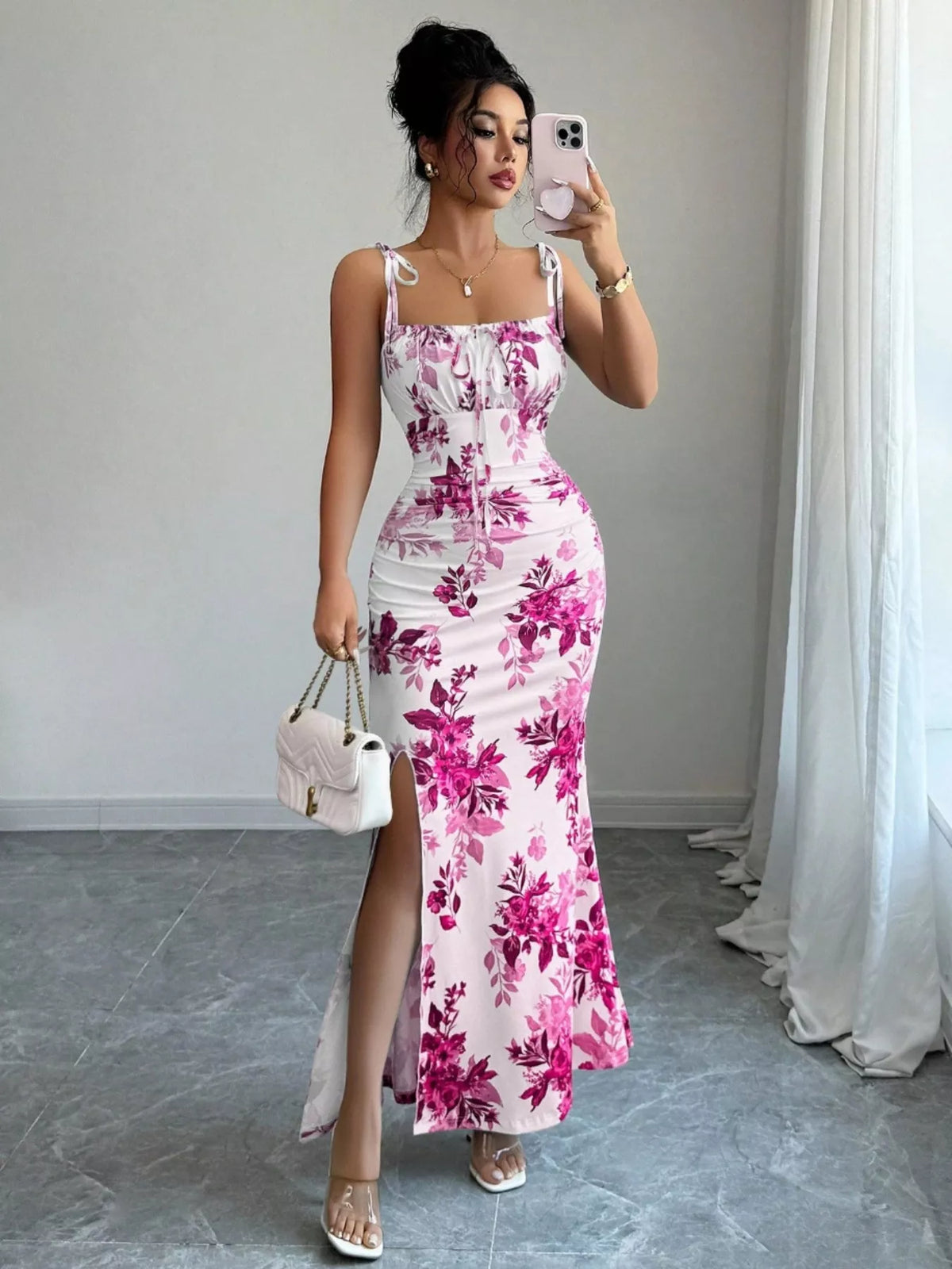 Printed Tie Strap Maxi Dress with Slit