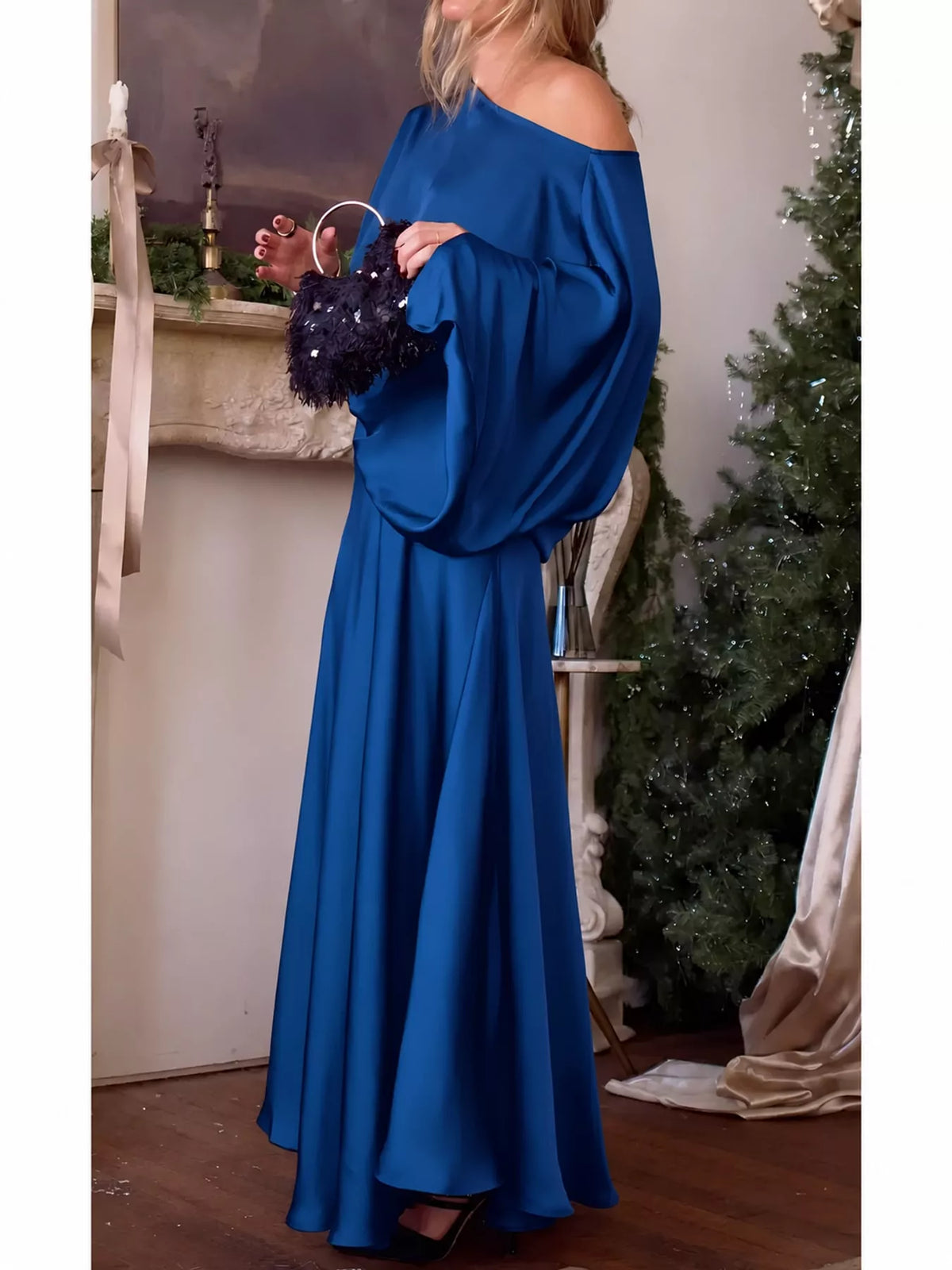 Satin Cape-Sleeve Maxi Dress