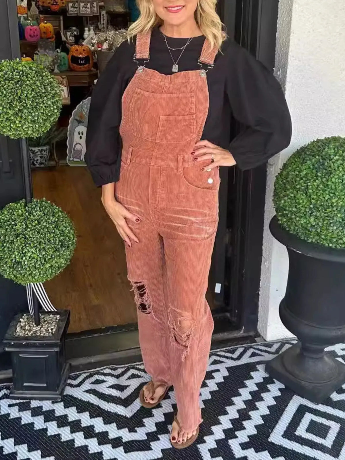 Distressed Wide Leg Corduroy Overalls