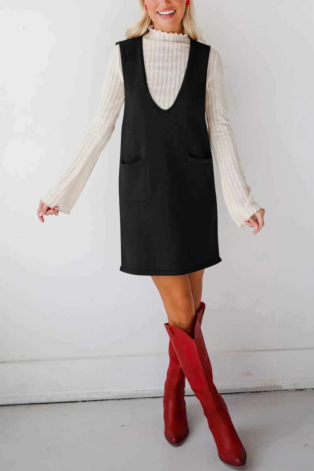 Pocketed V-Neck Sweater Overall Dress