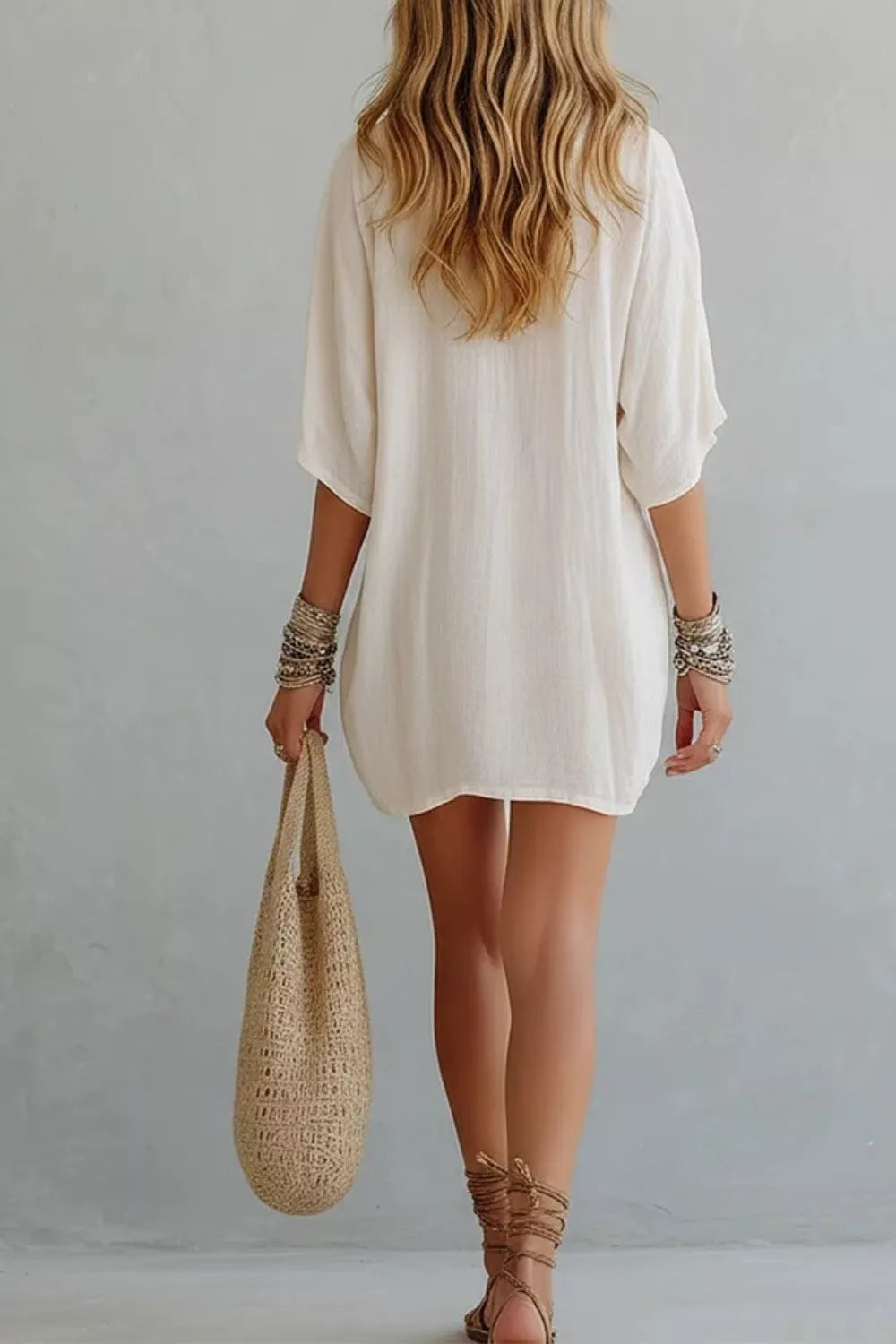 Notched Half Sleeve Mini Dress in Ivory