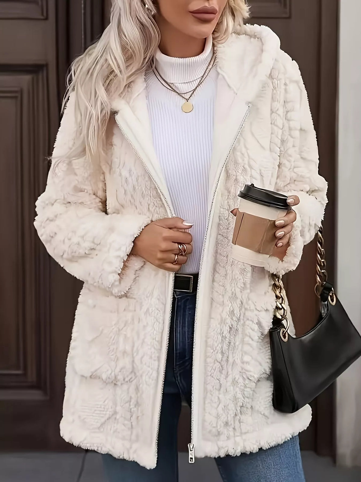 Faux Fur Hooded Zip-Up Jacket in Ocean Blue