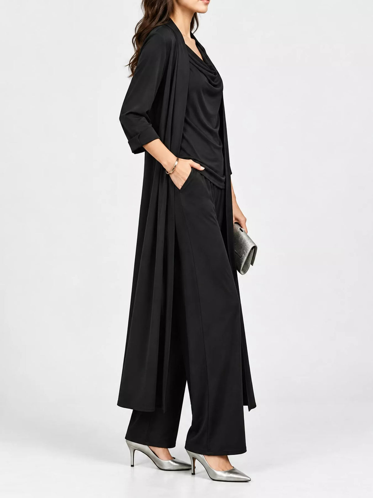 Cowl Neck Top, Cardigan and Pants Set