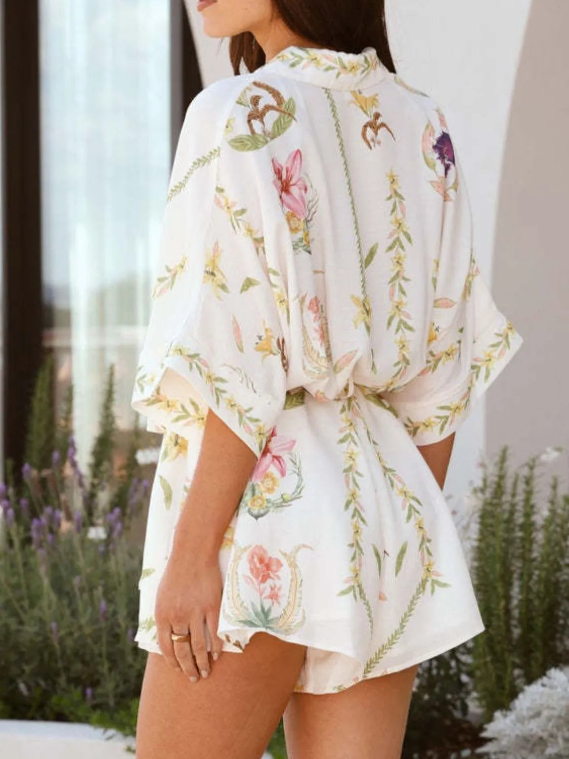 Printed Tie Waist Half Sleeve Romper in White